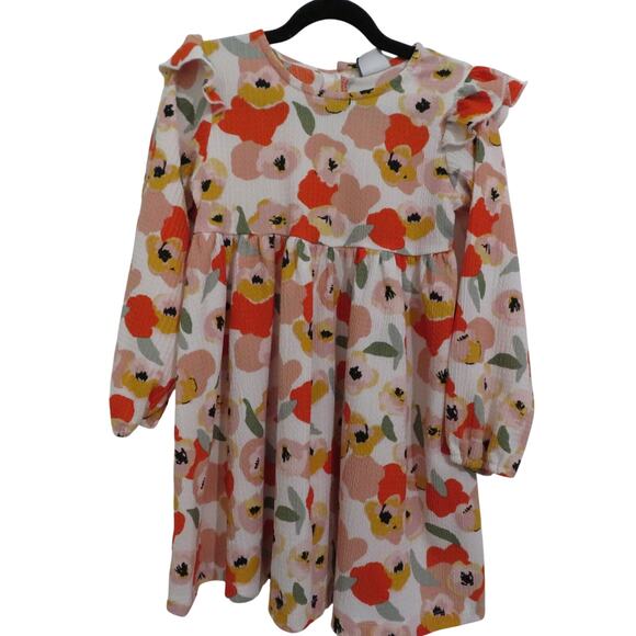 HOP Kids 4-5 Years Red Orange Peony Floral Dress Long Sleeve Ruffle Shoulder - Picture 1 of 5